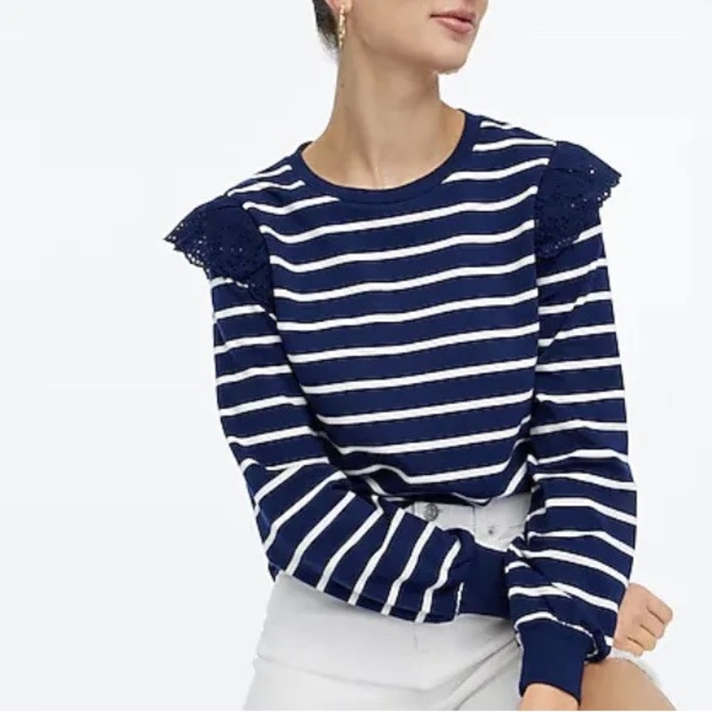 J. CREW Eyelet Ruffle Sweatshirt-Blue & White Stripe, Size Medium, NWT